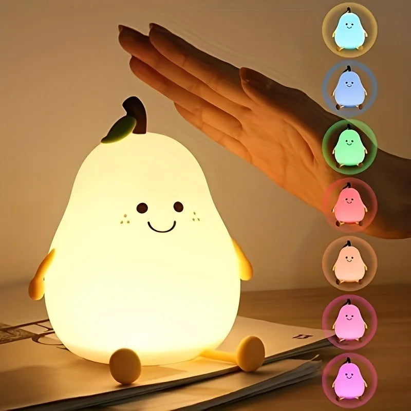 1pc Cute Pear a LED, luce notturna in silicone, ricaricabile tramite USB